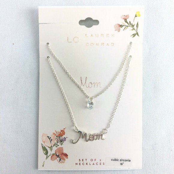 LC Lauren Conrad Double Silver-Tone Necklaces 16" Mom Cubic Zirconia